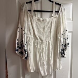 Torrid White Blouse with Navy Embroidery